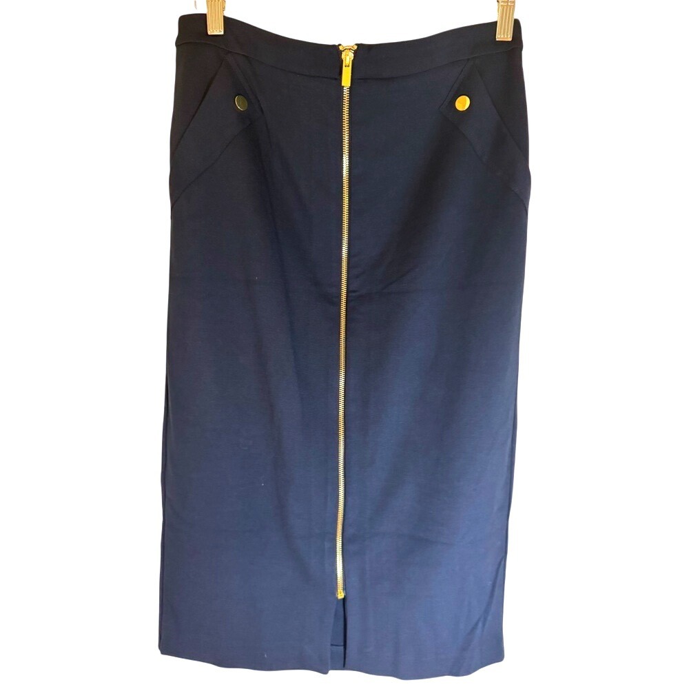 Catherine Malandrino Size 8 Navy Pencil Skirt Gold‎ Zipper Front Stretch